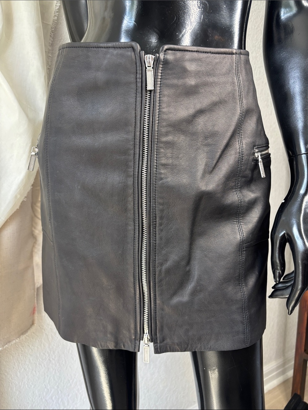 Jonathan Simkhai Black Lamb Leather Front-Zip Mini Skirt